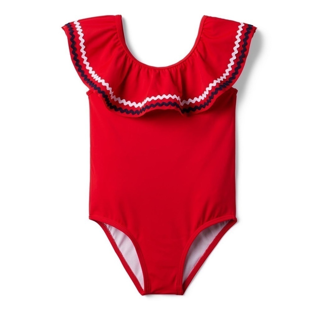 Janie and Jack RIC RAC RUFFLE SWIMSUIT red and white trim 7 Girls